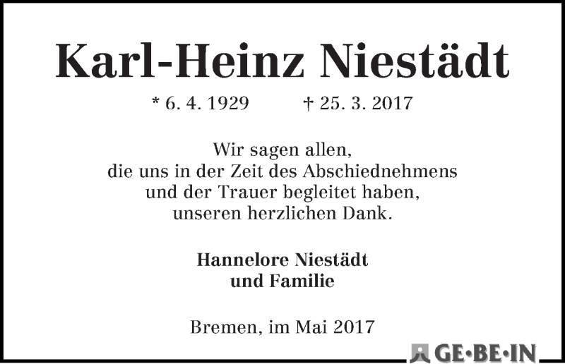 Traueranzeige von Karl-Heinz Niestädt von Gesamtausgabe / Kurier der Woche