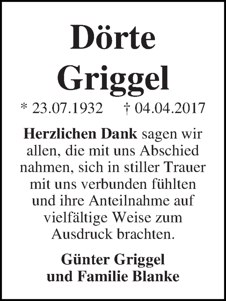 Traueranzeige von Dörte Griggel von WESER-KURIER
