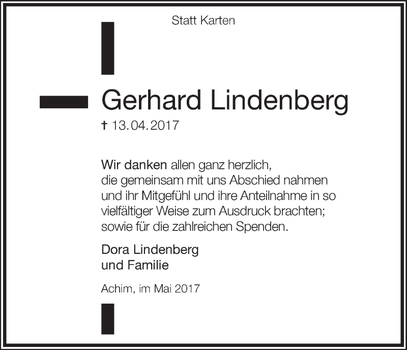 Traueranzeige von Gerhard Lindenberg von Achimer Kurier/Verdener Nachrichten