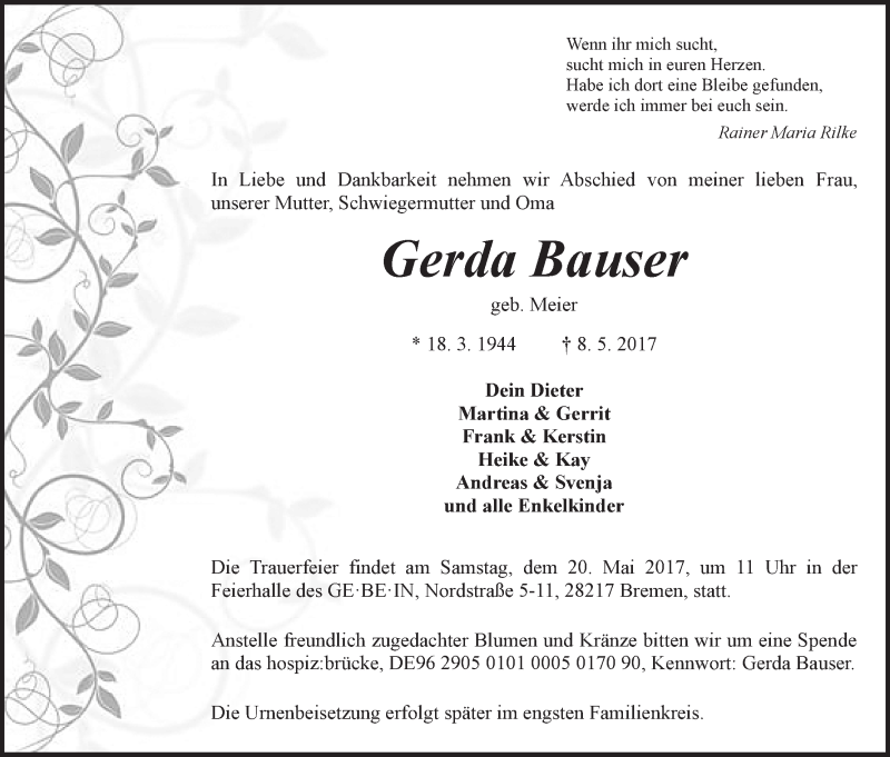 Traueranzeige von Gerda Bauser von WESER-KURIER