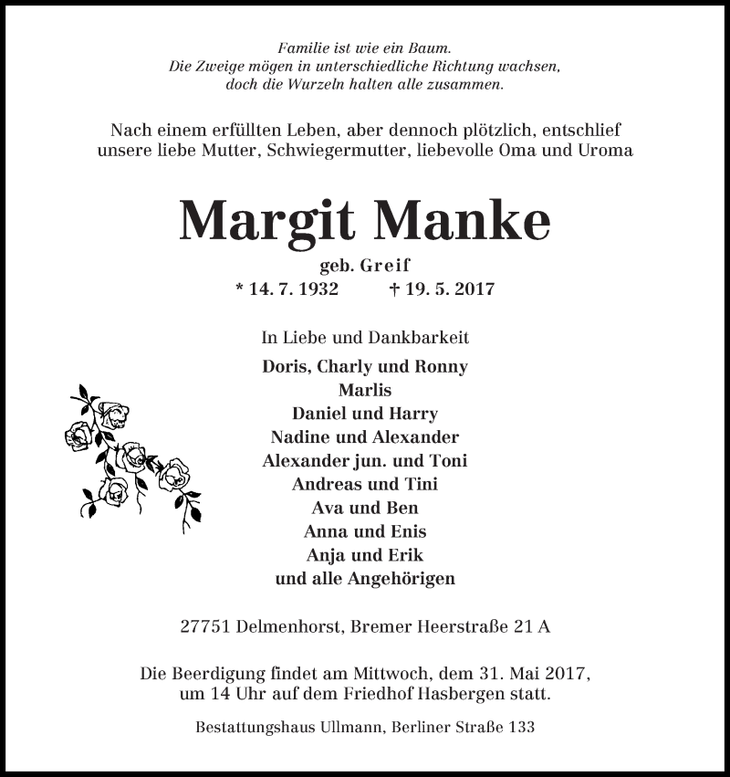  Traueranzeige für Margit Manke vom 24.05.2017 aus WESER-KURIER