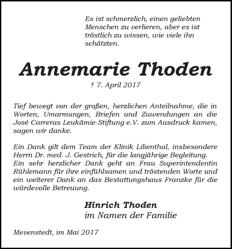 Traueranzeige von Annemarie Thoden von Wuemme Zeitung