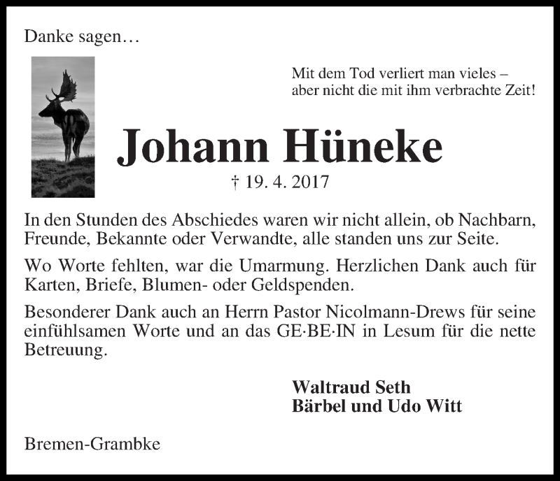 Traueranzeige von Johann Hüneke von WESER-KURIER