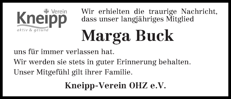  Traueranzeige für Marga Buck vom 27.05.2017 aus Osterholzer Kreisblatt