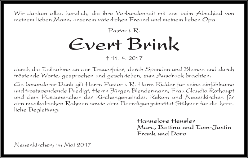 Traueranzeige von Evert Brink von Die Norddeutsche