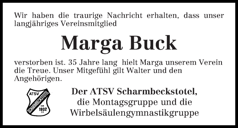  Traueranzeige für Marga Buck vom 27.05.2017 aus Osterholzer Kreisblatt