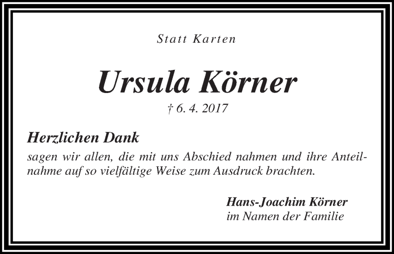 Traueranzeige von Ursula Körner von WESER-KURIER