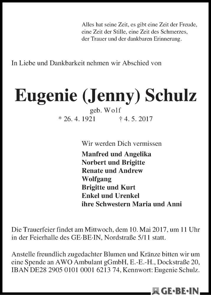 Traueranzeige von Eugenie Schulz von WESER-KURIER