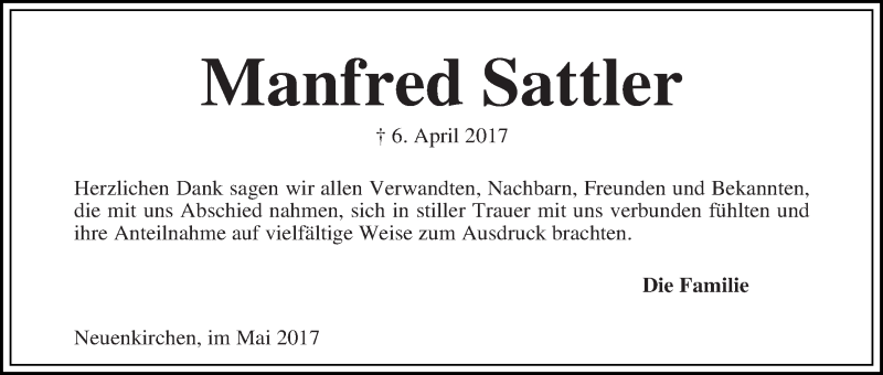 Traueranzeige von Manfred Sattler von Die Norddeutsche