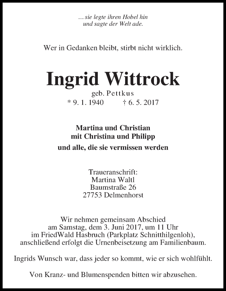  Traueranzeige für Ingrid Wittrock vom 13.05.2017 aus Delmenhorster Kurier