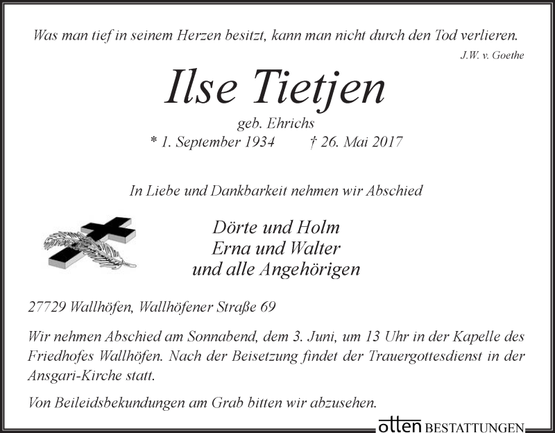  Traueranzeige für Ilse Tietjen vom 30.05.2017 aus Osterholzer Kreisblatt