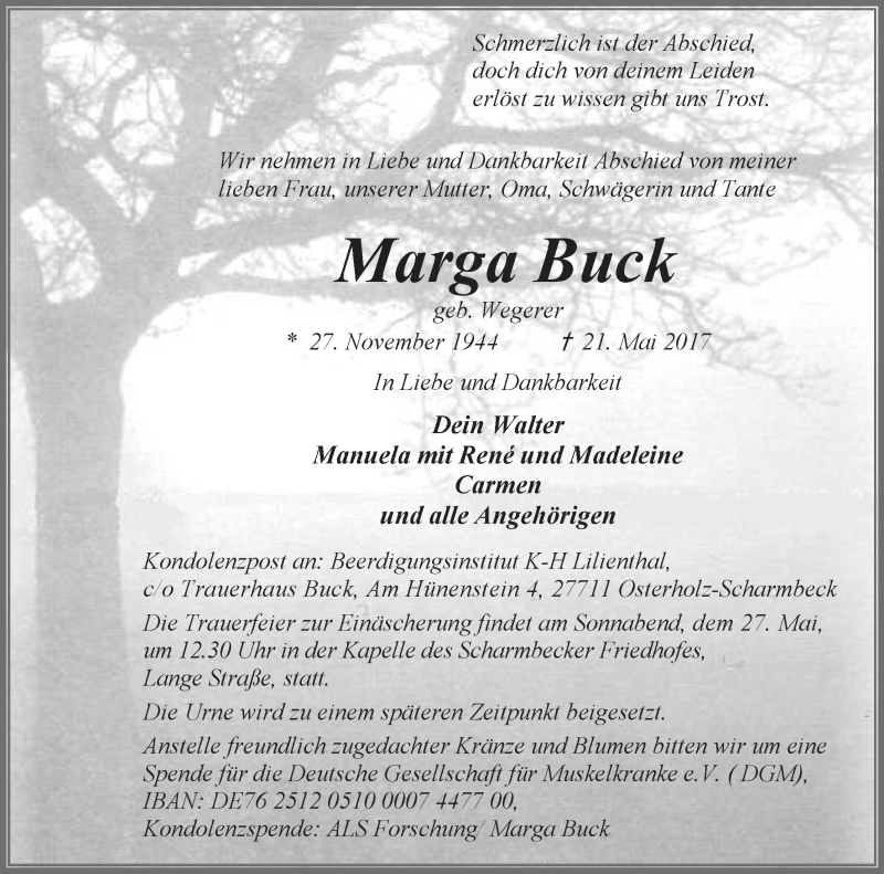  Traueranzeige für Marga Buck vom 24.05.2017 aus Osterholzer Kreisblatt
