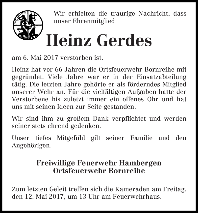 Traueranzeige von Heinz Gerdes von Osterholzer Kreisblatt