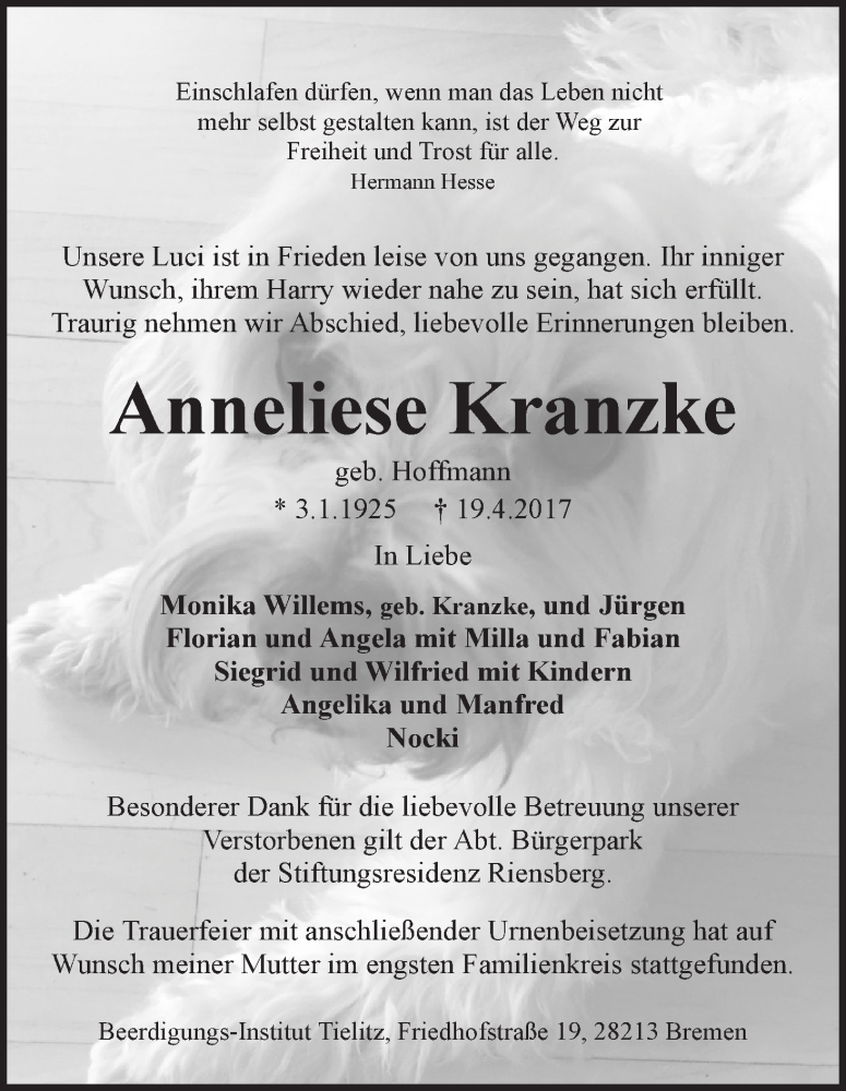 Traueranzeige von Anneliese Kranzke von WESER-KURIER