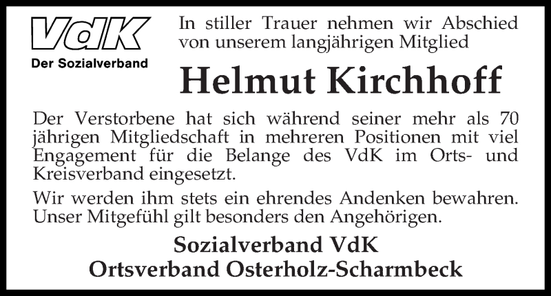 Traueranzeige von Helmut Kirchhoff von Osterholzer Kreisblatt