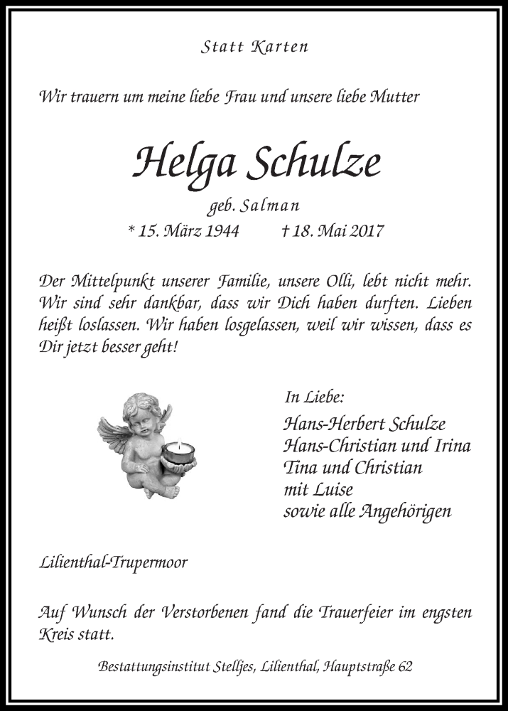  Traueranzeige für Helga Schulze vom 26.05.2017 aus WESER-KURIER