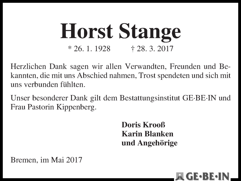 Traueranzeige von Horst Stange von WESER-KURIER