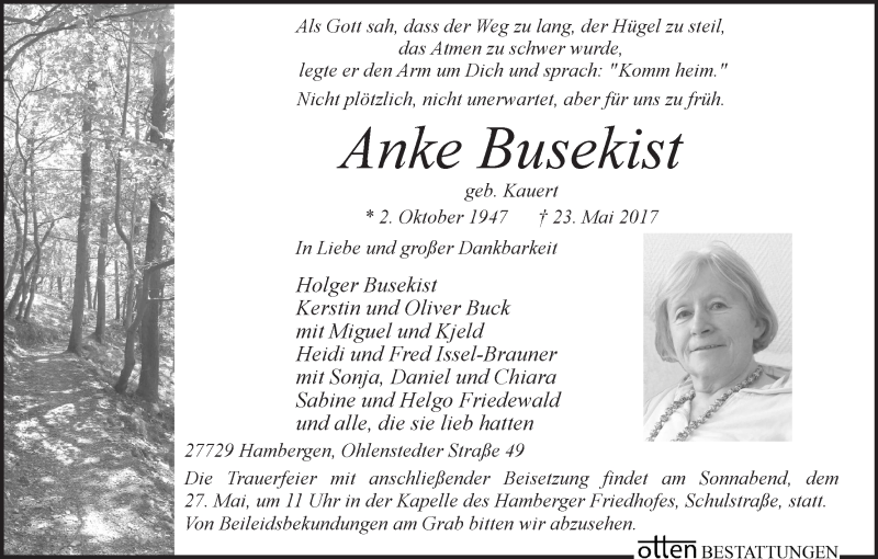  Traueranzeige für Anke Busekist vom 26.05.2017 aus WESER-KURIER