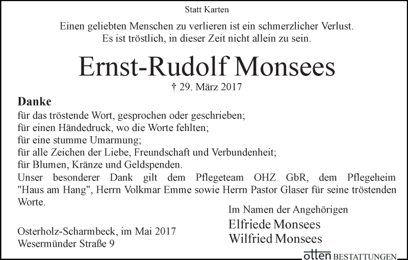 Traueranzeige von Ernst-Rudolf Monsees von Osterholzer Kreisblatt