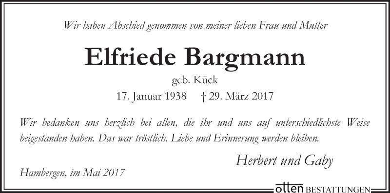 Traueranzeige von Elfriede Bargmann von Osterholzer Kreisblatt