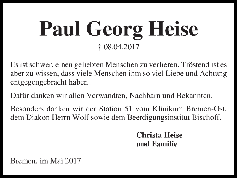 Traueranzeige von Paul Georg Heise von Die Norddeutsche