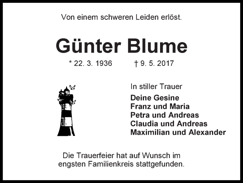 Traueranzeige von Günter Blume von Die Norddeutsche