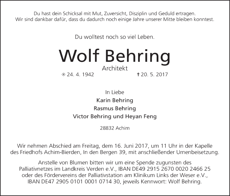 Traueranzeige von Wolf Behring von WESER-KURIER