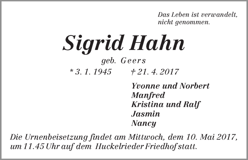 Traueranzeige von Sigrid Hahn von WESER-KURIER