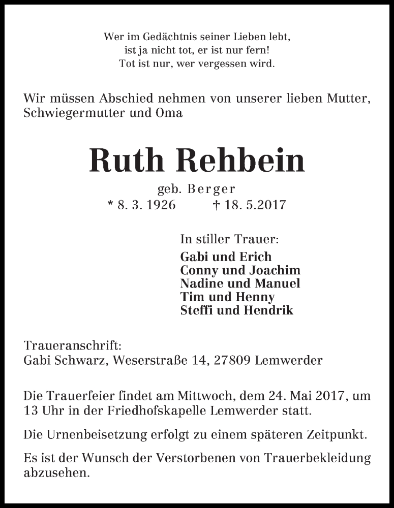 Traueranzeige von Ruth Rehbein von Die Norddeutsche