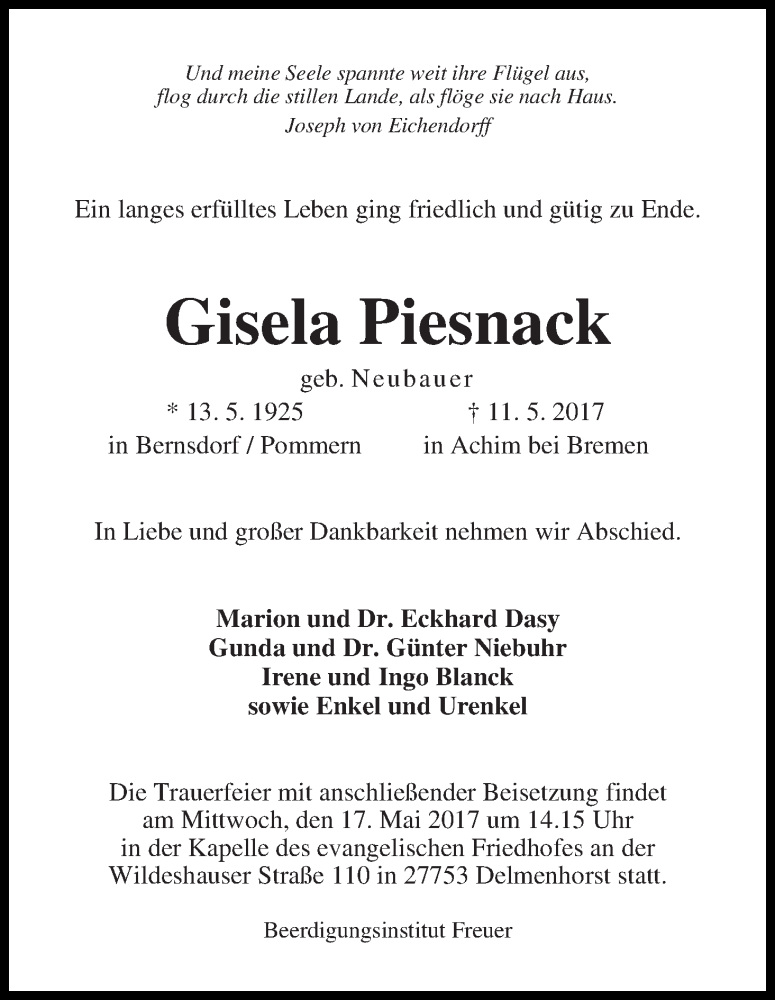Traueranzeige von Gisela Piesnack von WESER-KURIER