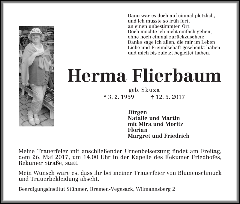  Traueranzeige für Herma Flierbaum vom 20.05.2017 aus Die Norddeutsche