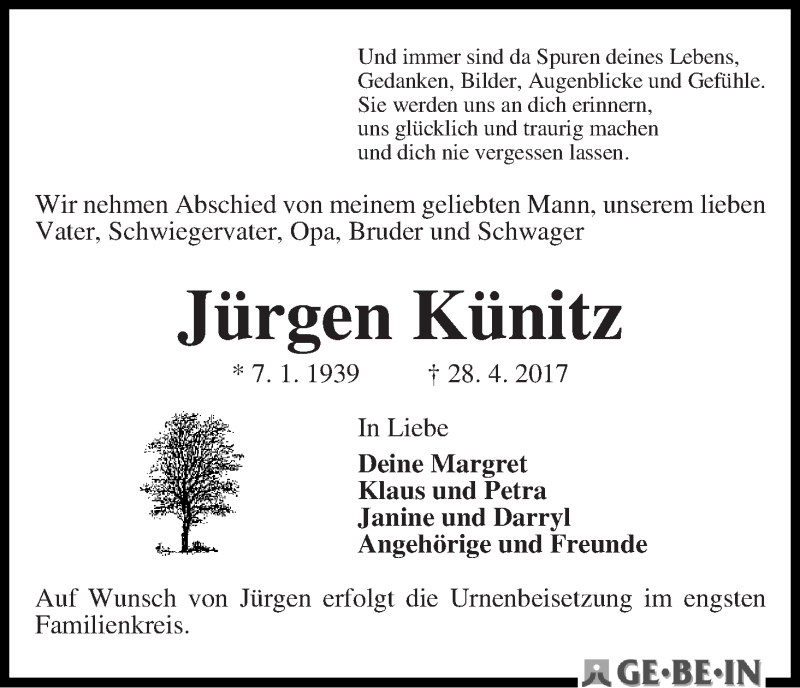Traueranzeige von Jürgen Künitz von WESER-KURIER