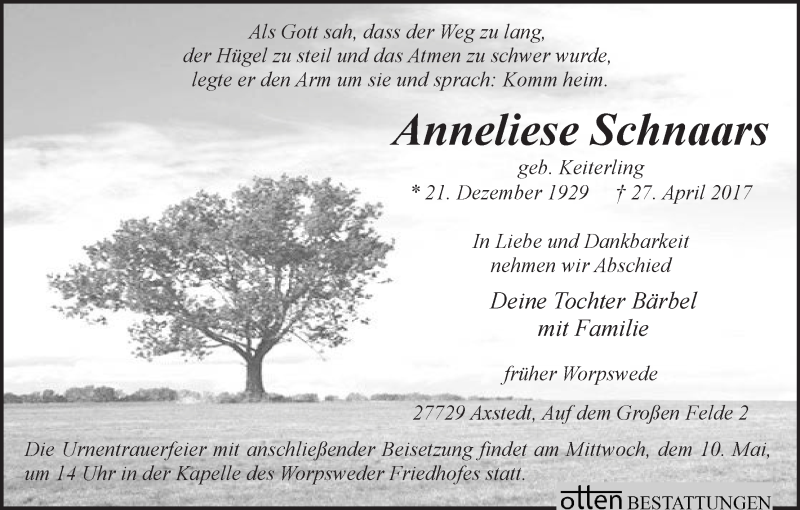 Traueranzeige von Anneliese Schnaars von Wuemme Zeitung