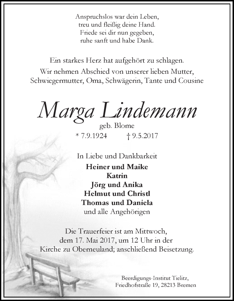 Traueranzeige von Marga Lindemann von WESER-KURIER