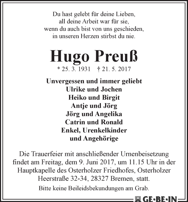 Traueranzeige für Hugo Preuß vom 27.05.2017 aus WESER-KURIER