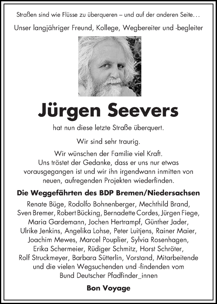 Traueranzeige von Jürgen Seevers von WESER-KURIER
