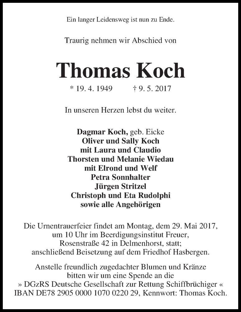 Traueranzeige von Thomas Koch von WESER-KURIER
