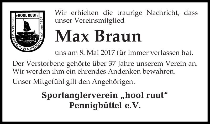 Traueranzeige von Max Braun von Osterholzer Kreisblatt
