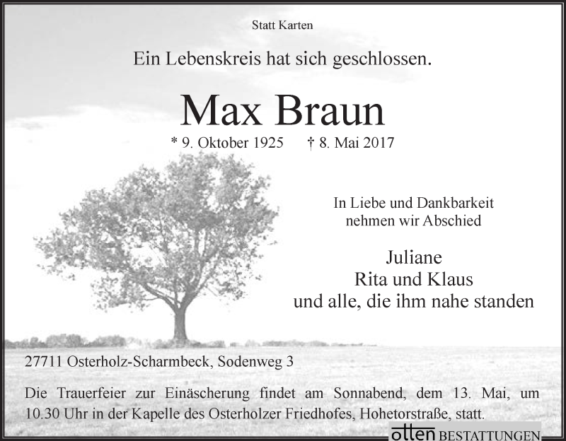 Traueranzeige von Max Braun von Osterholzer Kreisblatt
