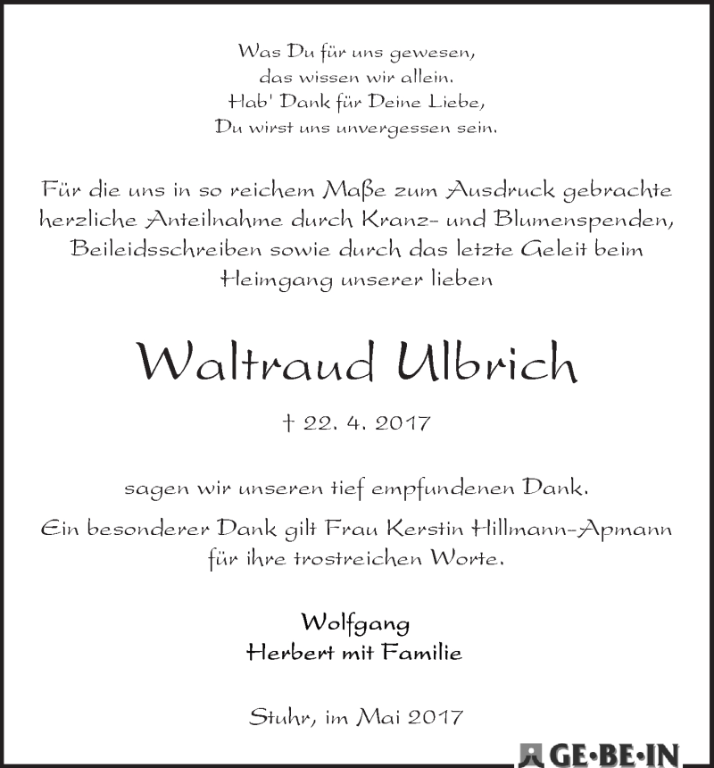 Traueranzeige von Waltraud Ulbrich von WESER-KURIER