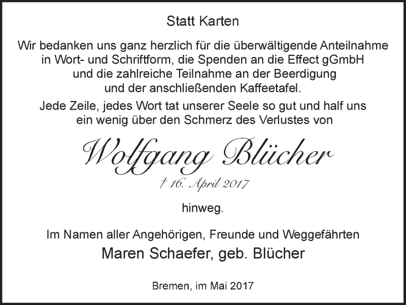 Traueranzeige von Wolfgang Blücher von WESER-KURIER