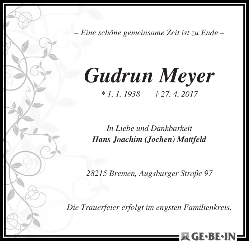 Traueranzeige von Gudrun Meyer von WESER-KURIER