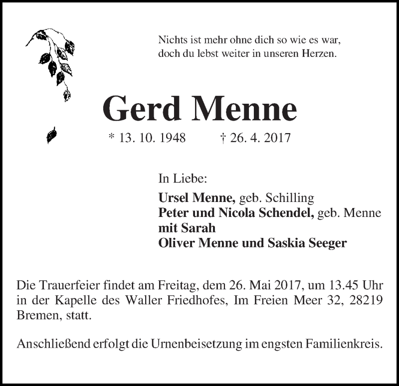 Traueranzeige von Gerd Menne von WESER-KURIER