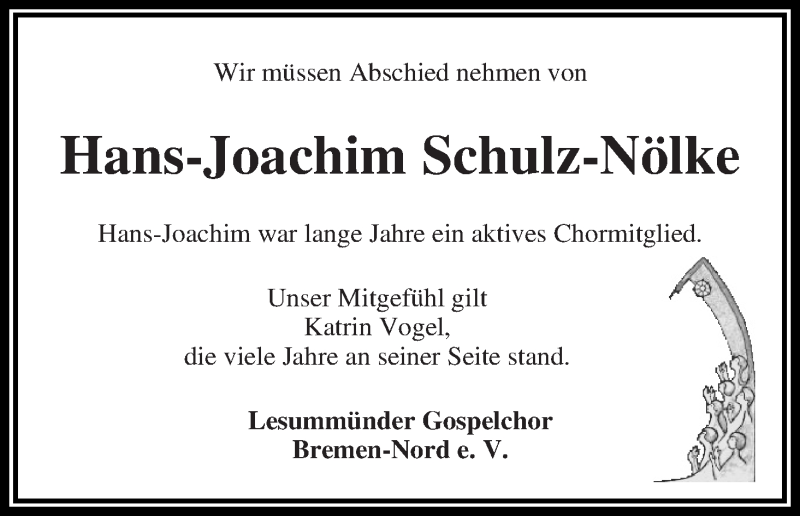 Traueranzeige von Hans-Joachim Schulz-Nölke von Die Norddeutsche