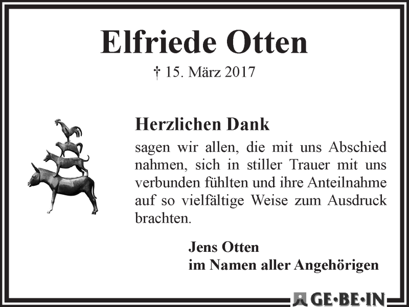 Traueranzeige von Elfriede Otten von WESER-KURIER