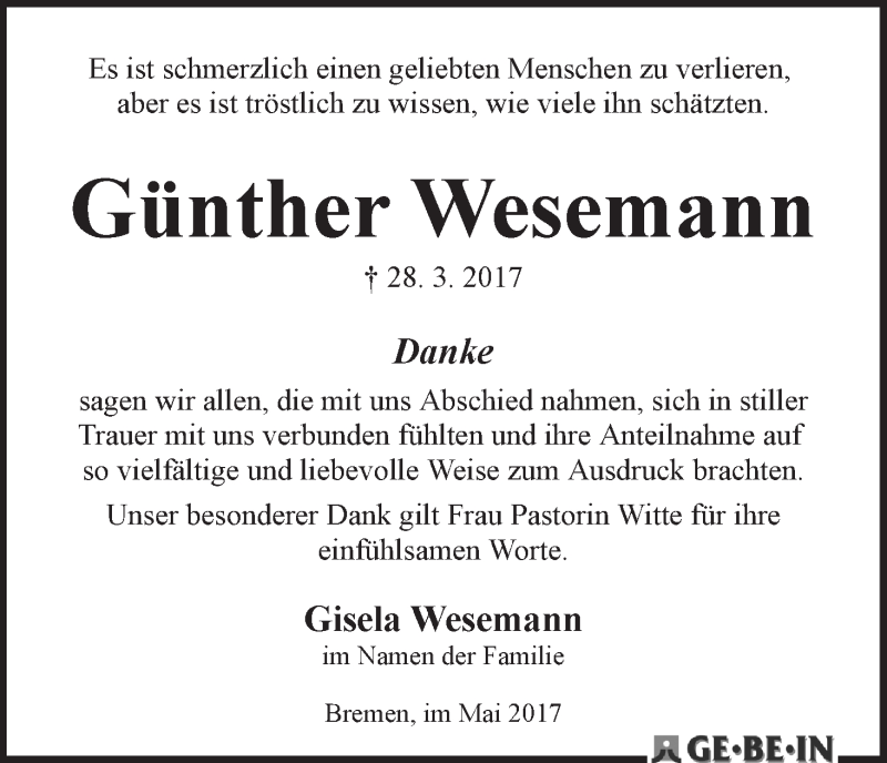 Traueranzeige von Günther Wesemann von WESER-KURIER
