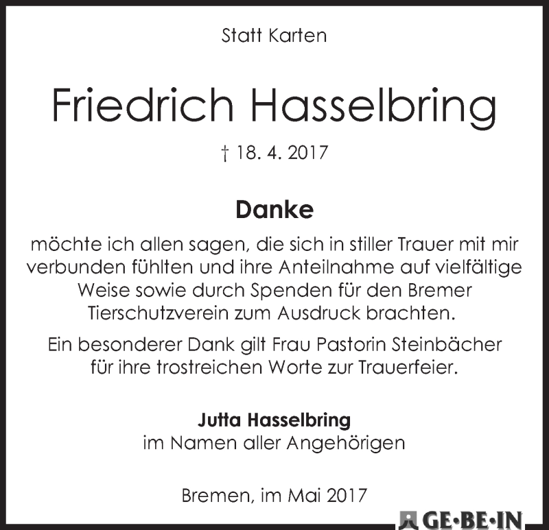 Traueranzeige von Friedrich Hasselbring von WESER-KURIER