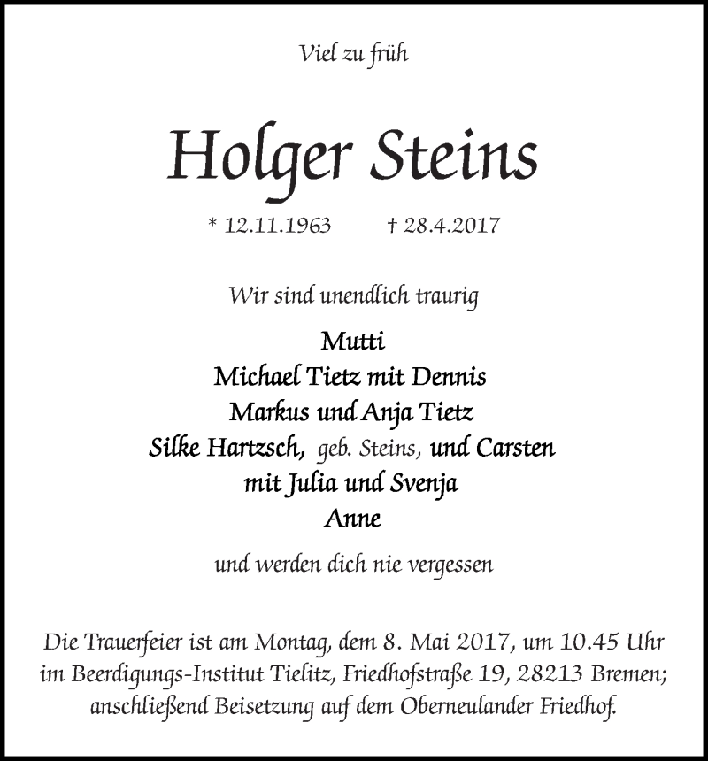  Traueranzeige für Holger Steins vom 03.05.2017 aus WESER-KURIER