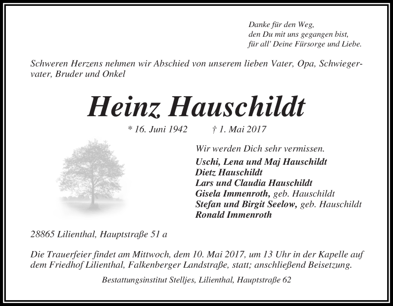 Traueranzeige von Heinz Hausschildt von Wuemme Zeitung