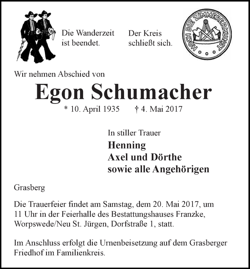 Traueranzeige von Egon Schumacher von Wuemme Zeitung